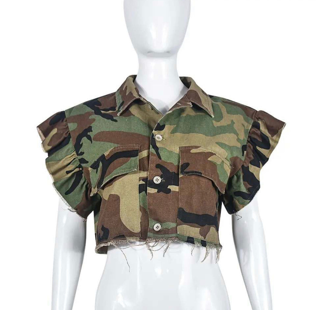 Cropped Camo Jacket Shirt with Ruffle Sleeves