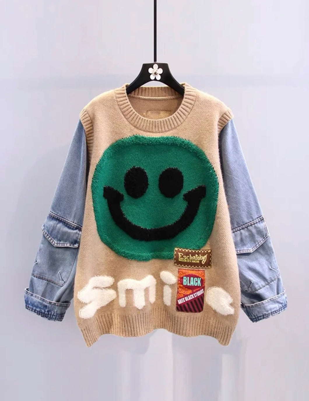 Smile Patterned Patchwork Sweater