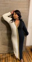 Load image into Gallery viewer, Two-Tone Ribbed Long Sleeve Dress features a V-neckline and fitted long sleeves
