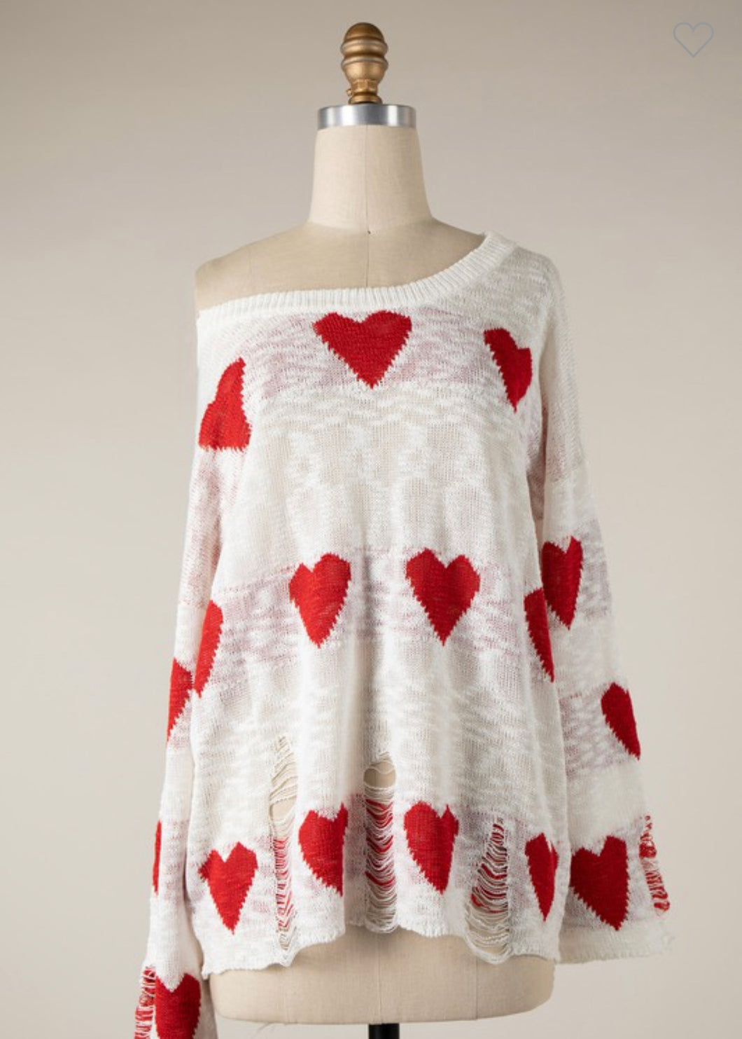 Heart Pattern Distressed Sheer Sweater Top